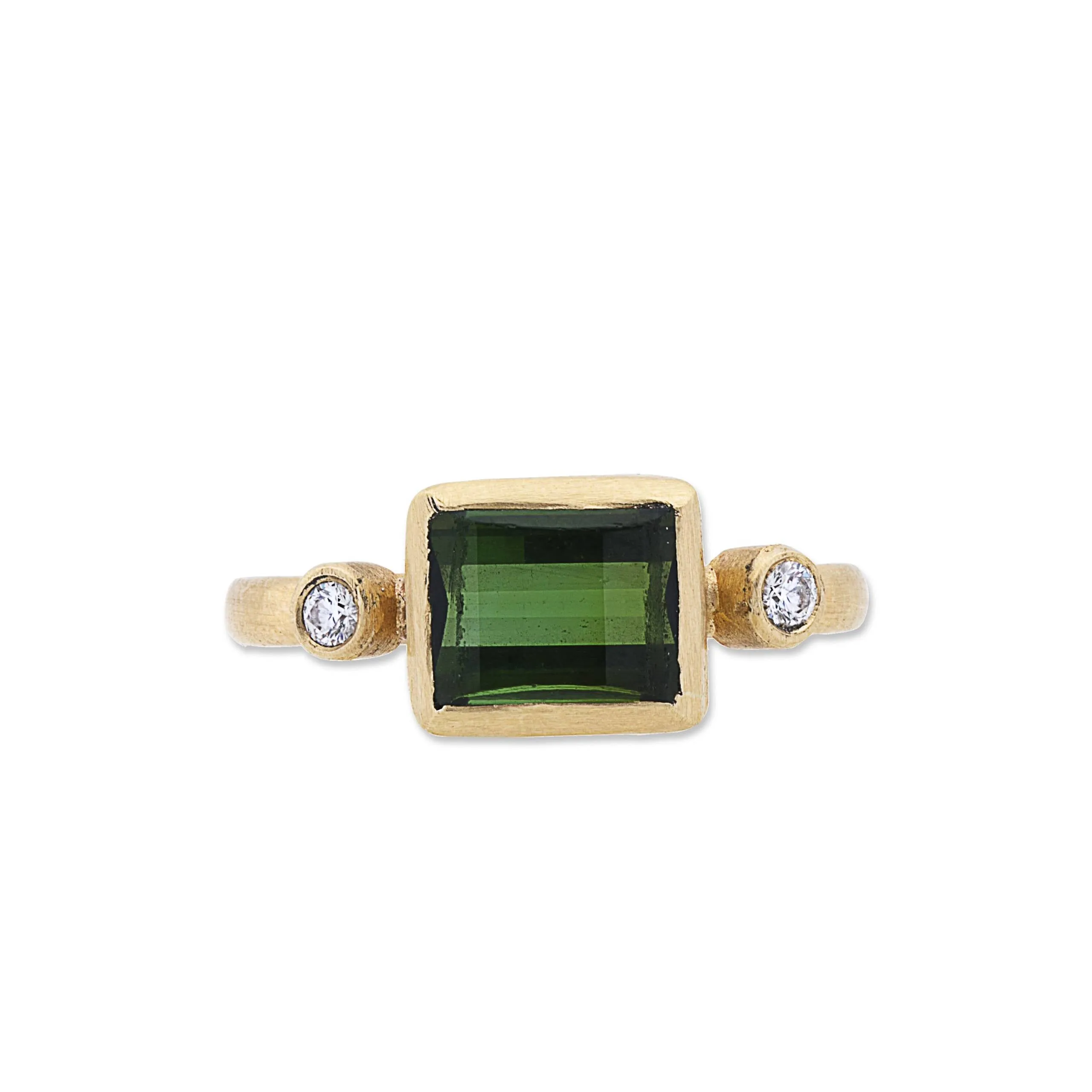 22K Yellow Gold "Love" Green Tourmaline Stacking Ring With Round Diamonds