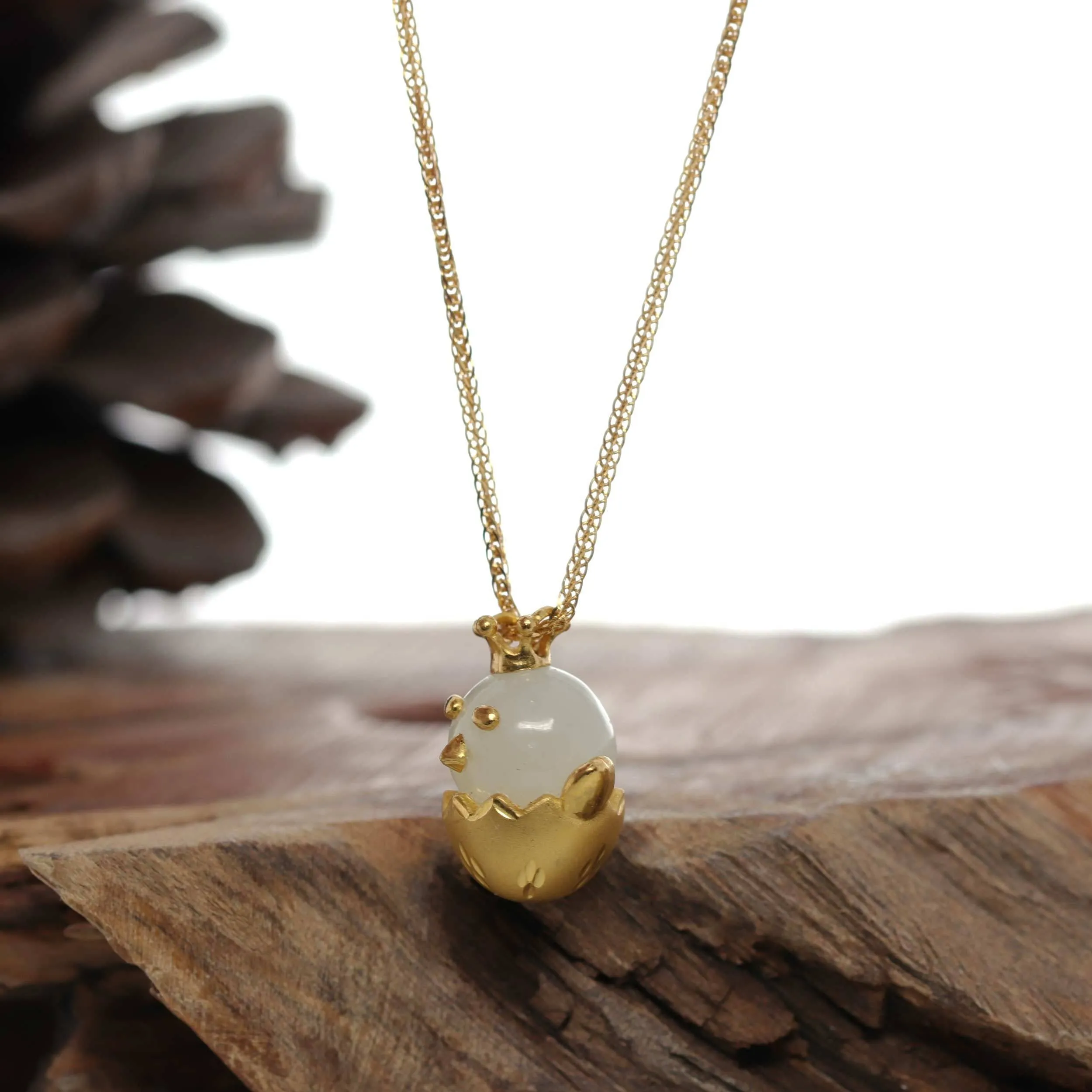 24k Yellow Gold Genuine Nephrite White Jade Chicken Pendant Necklace