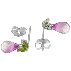 3.4 Carat 14K Solid White Gold Stud Earrings Peridot Pink Topaz