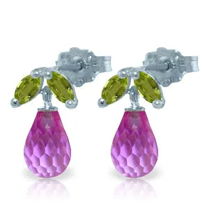 3.4 Carat 14K Solid White Gold Stud Earrings Peridot Pink Topaz