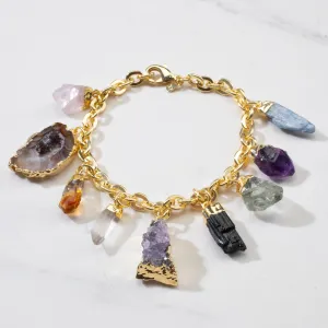 9 Stone Gold Tone Multi-Gem Charm Bracelet