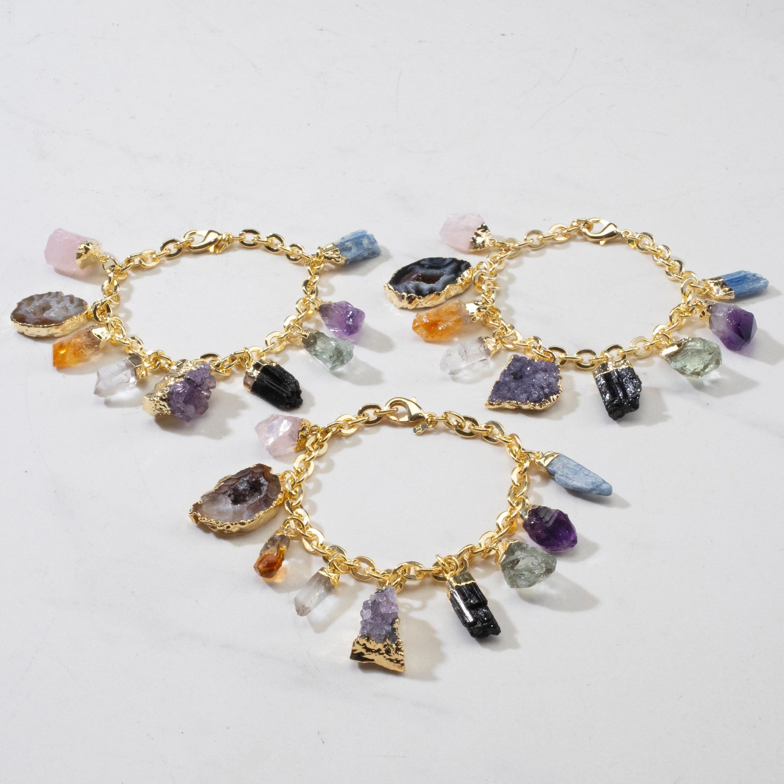 9 Stone Gold Tone Multi-Gem Charm Bracelet