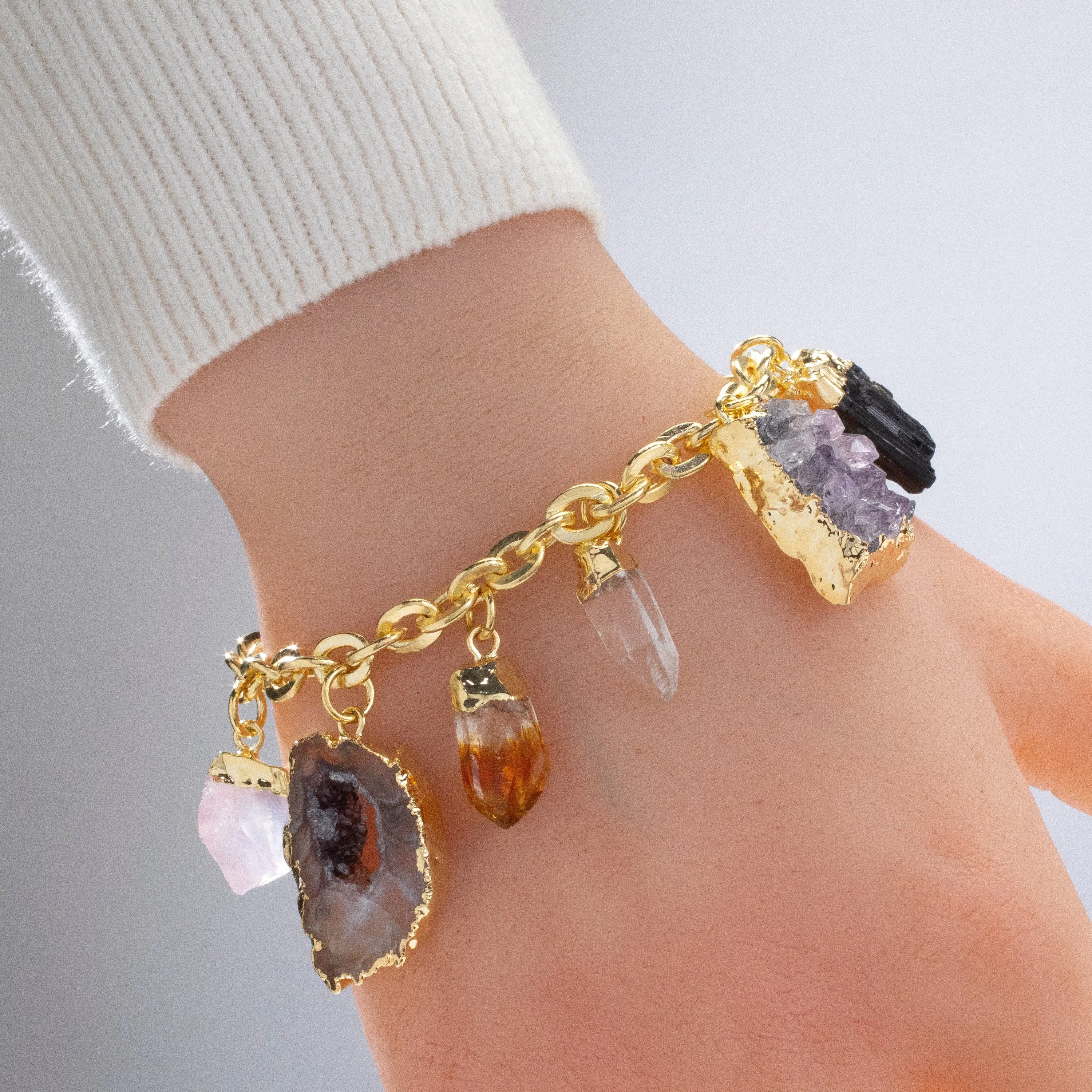 9 Stone Gold Tone Multi-Gem Charm Bracelet