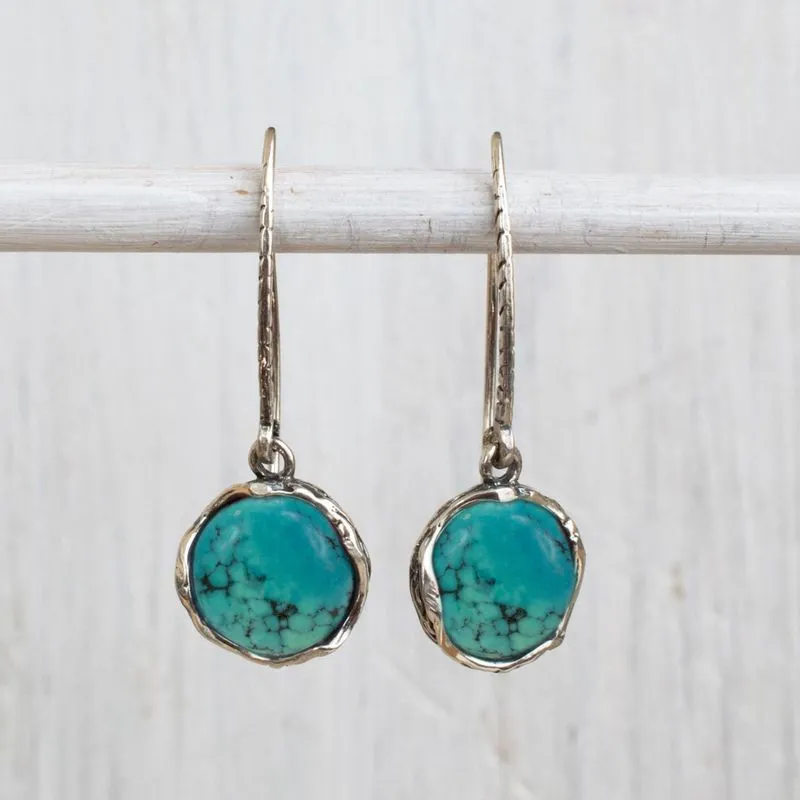 925 Sterling Silver Round Turquoise Dangle Earrings