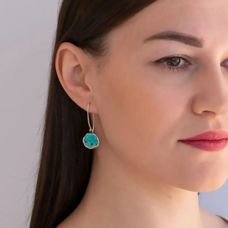 925 Sterling Silver Round Turquoise Dangle Earrings