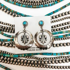 Annie Spencer | Navajo Handmade Sterling Silver Circle Dangle Earrings with Kingman Turquoise Post