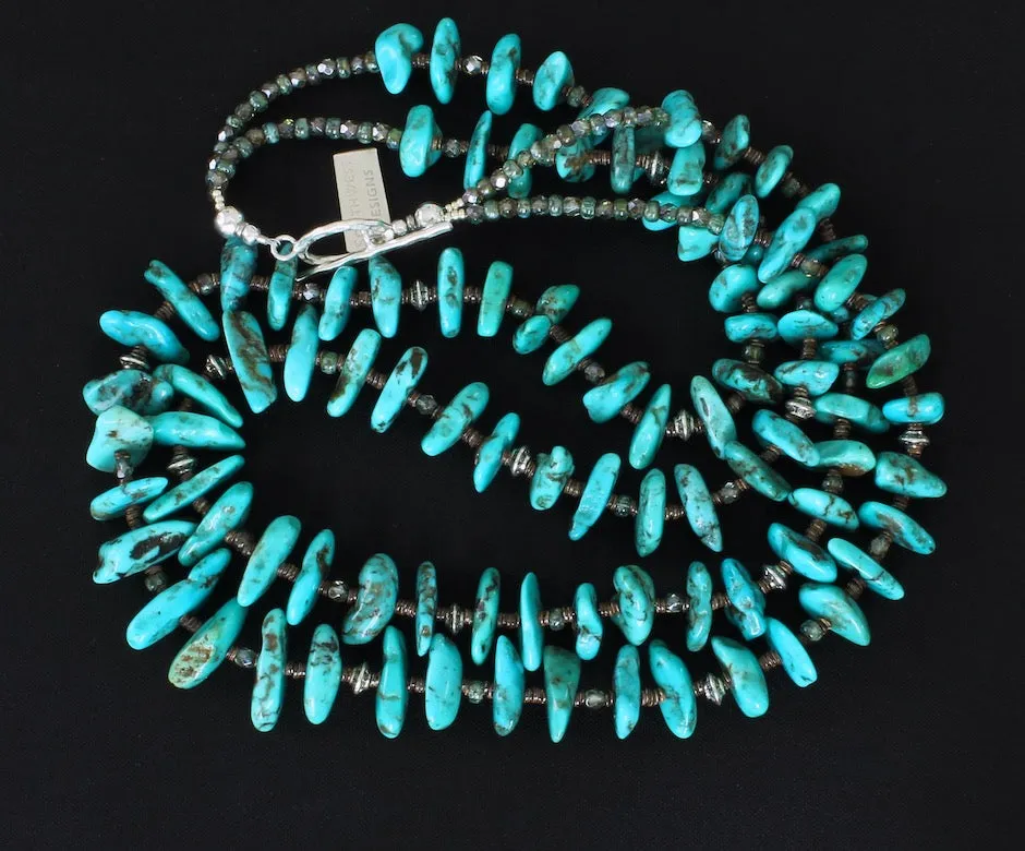 Arizona Turquoise Long Nugget 2-Strand Necklace with Olive Shell Heishi, Fire Polished Glass and Sterling Silver