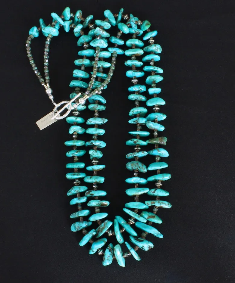 Arizona Turquoise Long Nugget 2-Strand Necklace with Olive Shell Heishi, Fire Polished Glass and Sterling Silver