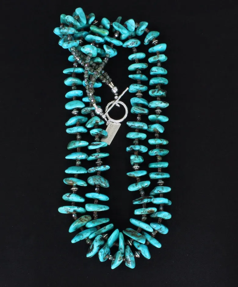 Arizona Turquoise Long Nugget 2-Strand Necklace with Olive Shell Heishi, Fire Polished Glass and Sterling Silver