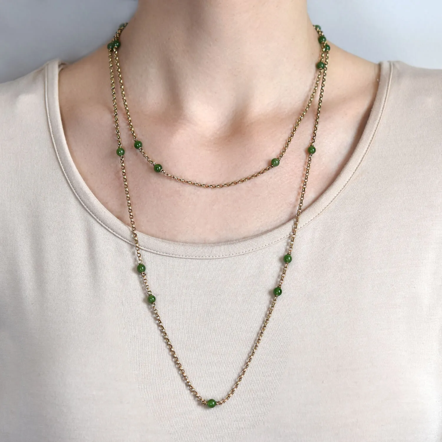 Art Nouveau 9kt Natural Jadeite Bead Chain Necklace 46"