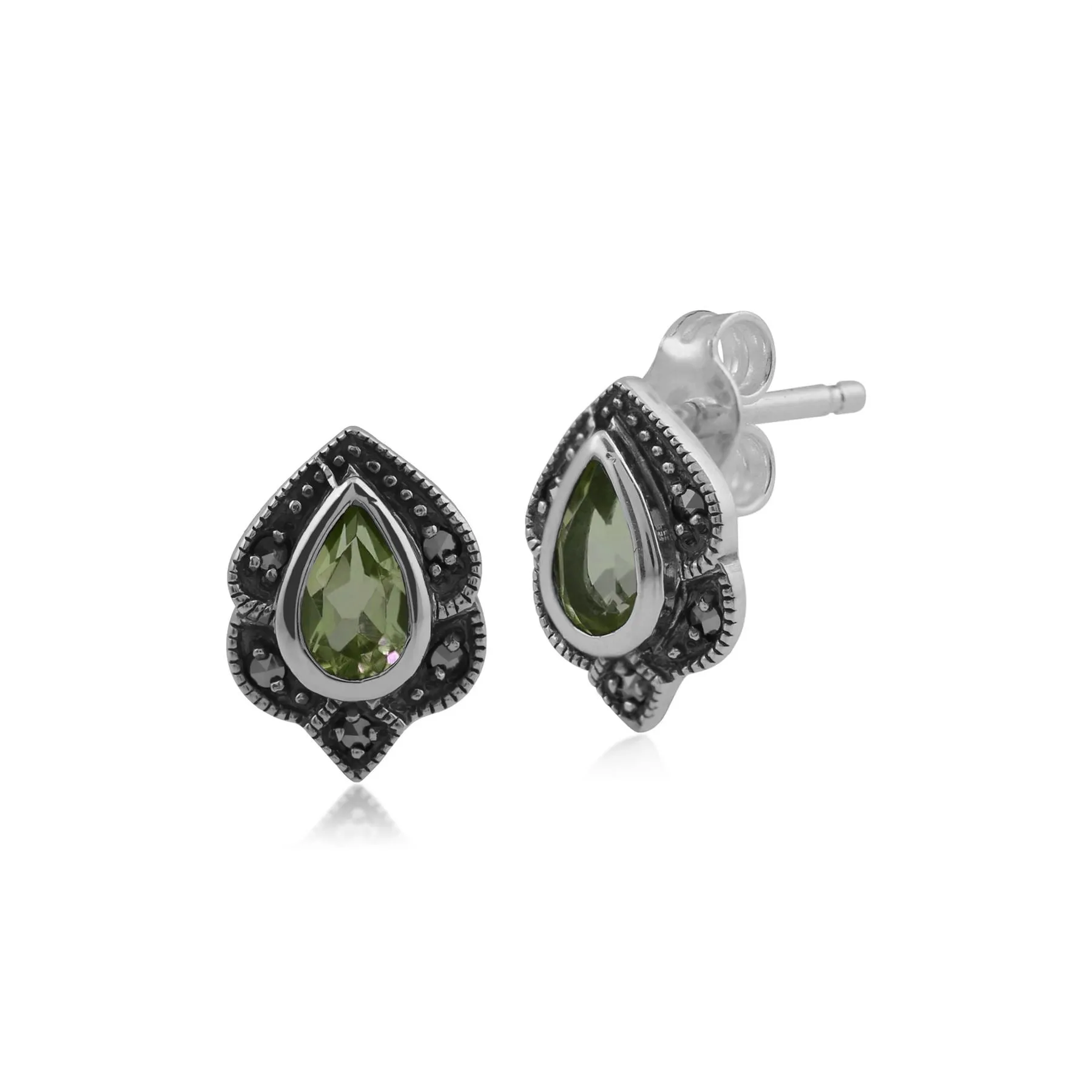 Art Nouveau Stil Ovale Peridot & Markasit Ohrstecker in Sterling Silber