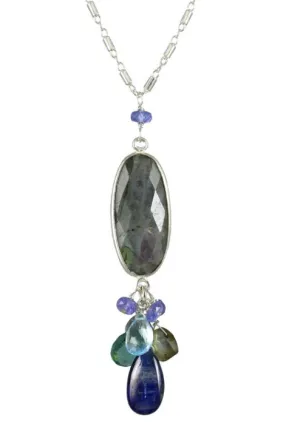 AVF Silver Bezel Oval Labradorite, Kyanite, Quartz, Blue Topaz, Moss Aqua & Tanzanite Necklace (SI6758)