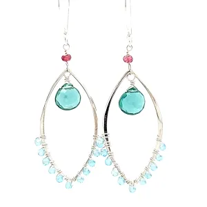 AVF Silver Blue Apatite, Green Quartz & Pink Tourmaline Marquise Shaped Dangle Earrings (SI3743)