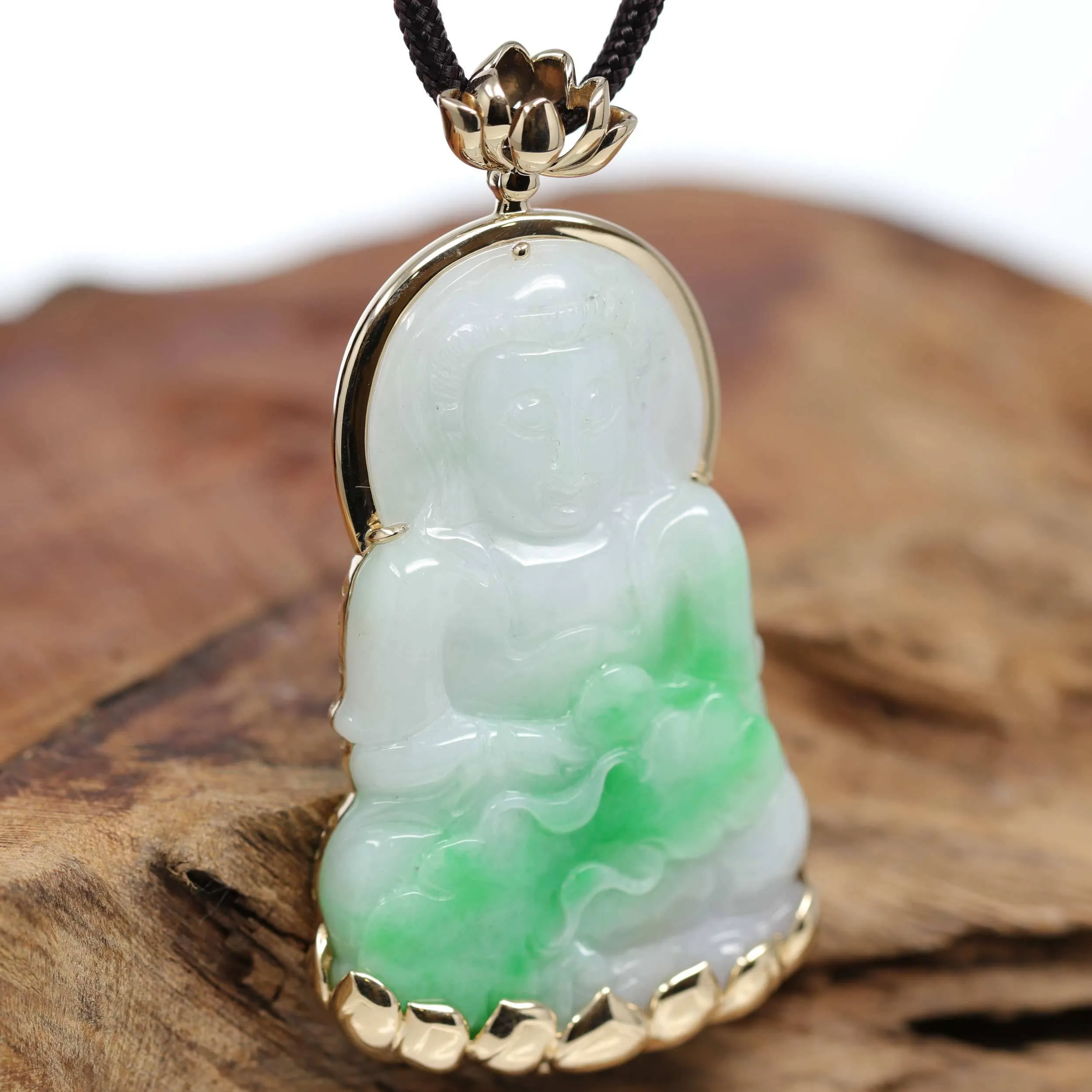 Baikalla 14k "Goddess of Compassion" Genuine Burmese Jadeite Jade Guanyin Lotus Necklace