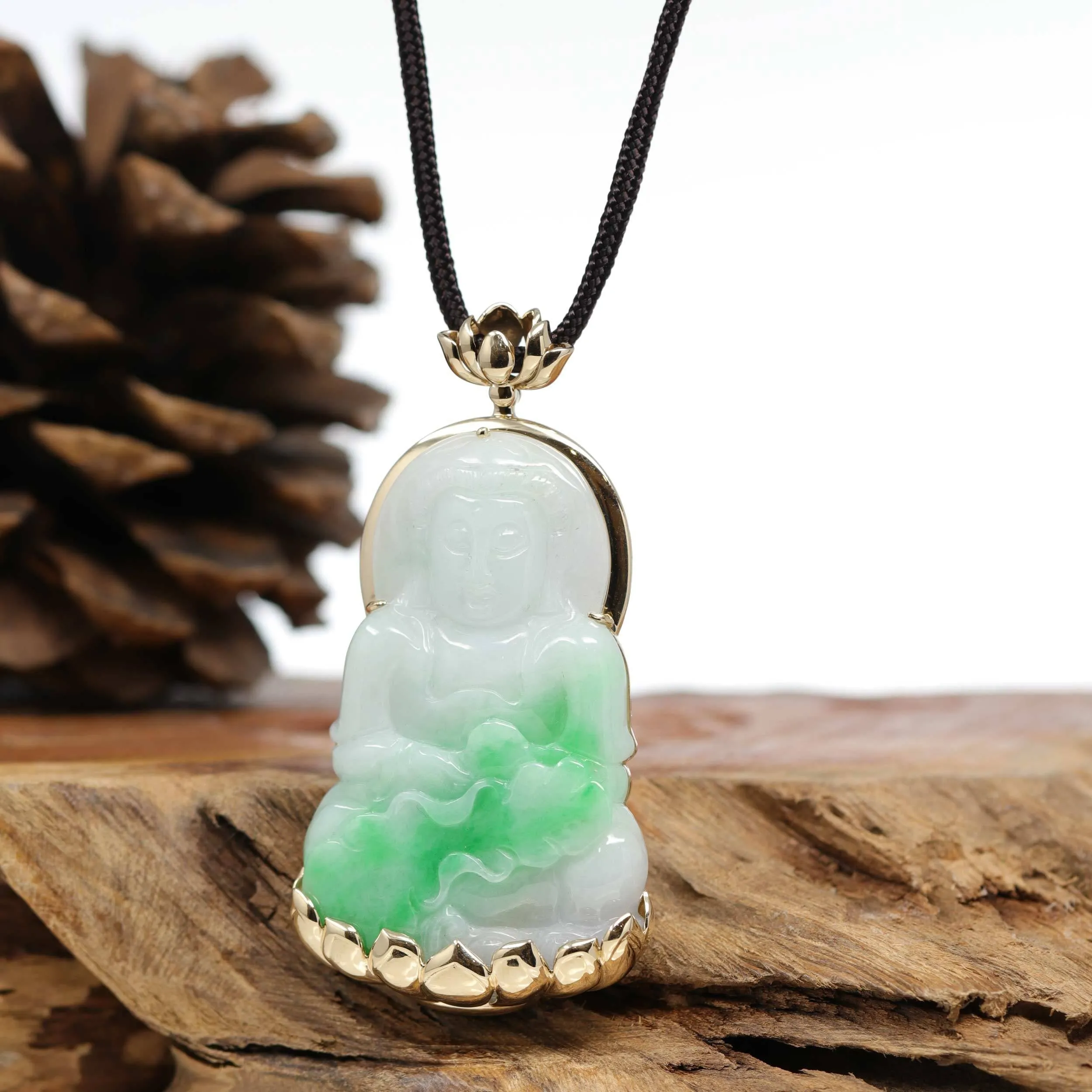 Baikalla 14k "Goddess of Compassion" Genuine Burmese Jadeite Jade Guanyin Lotus Necklace