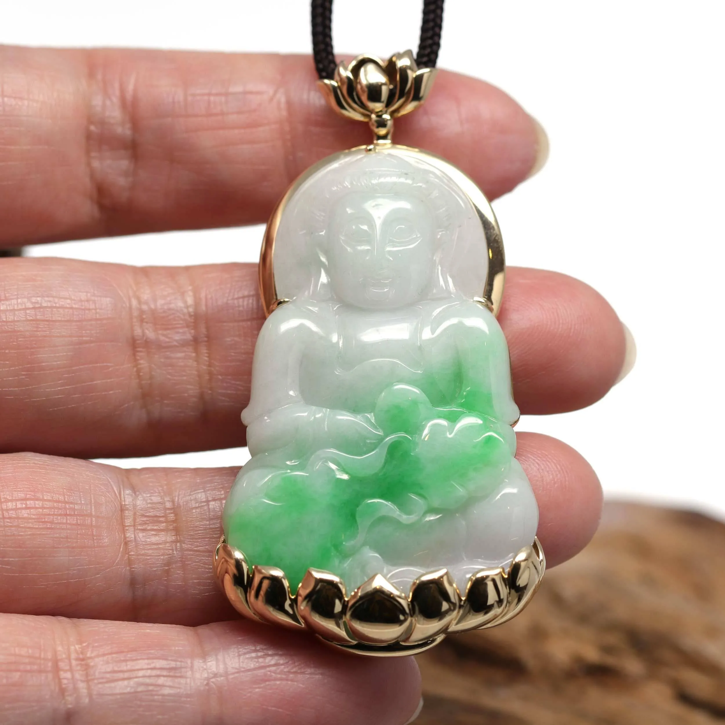 Baikalla 14k "Goddess of Compassion" Genuine Burmese Jadeite Jade Guanyin Lotus Necklace