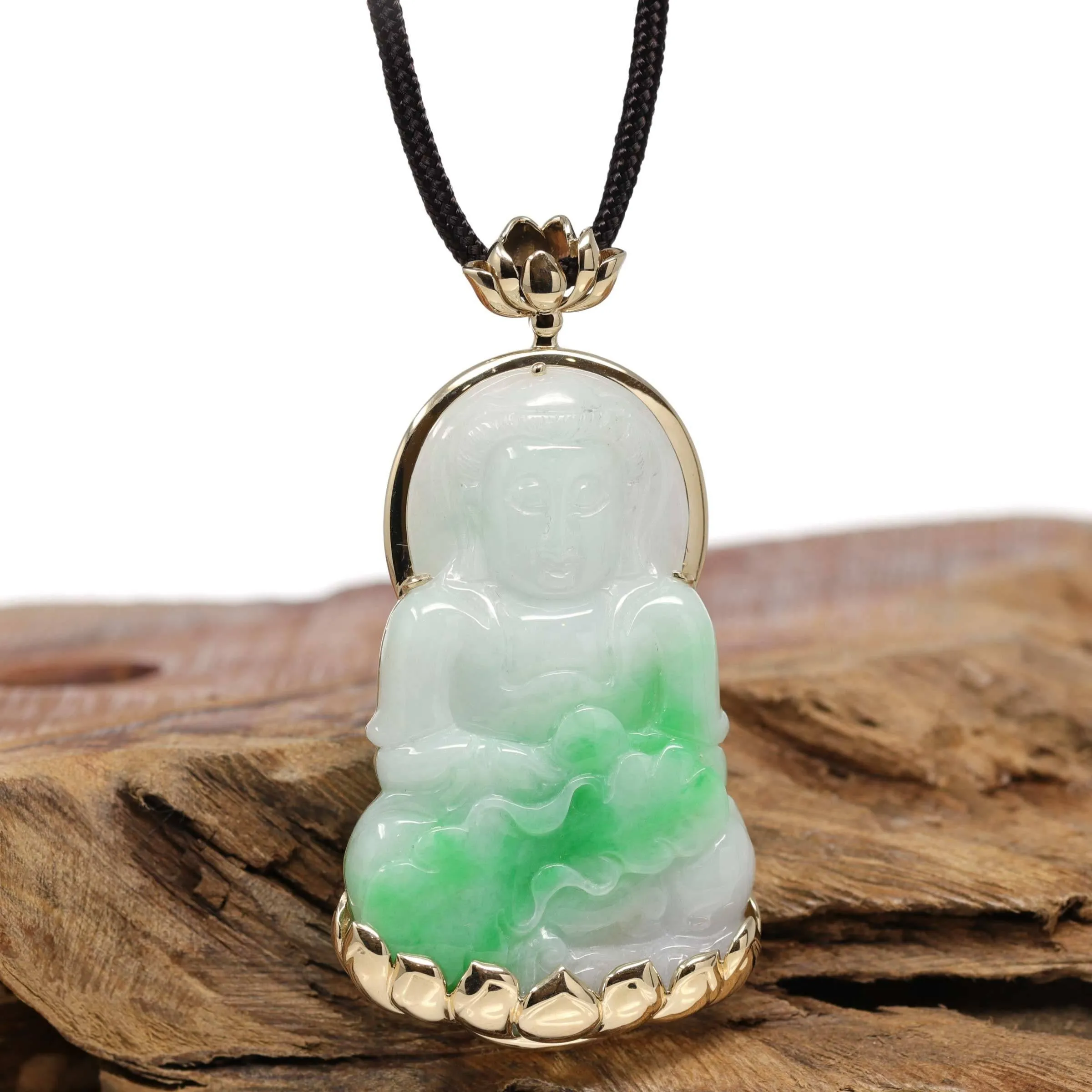 Baikalla 14k "Goddess of Compassion" Genuine Burmese Jadeite Jade Guanyin Lotus Necklace