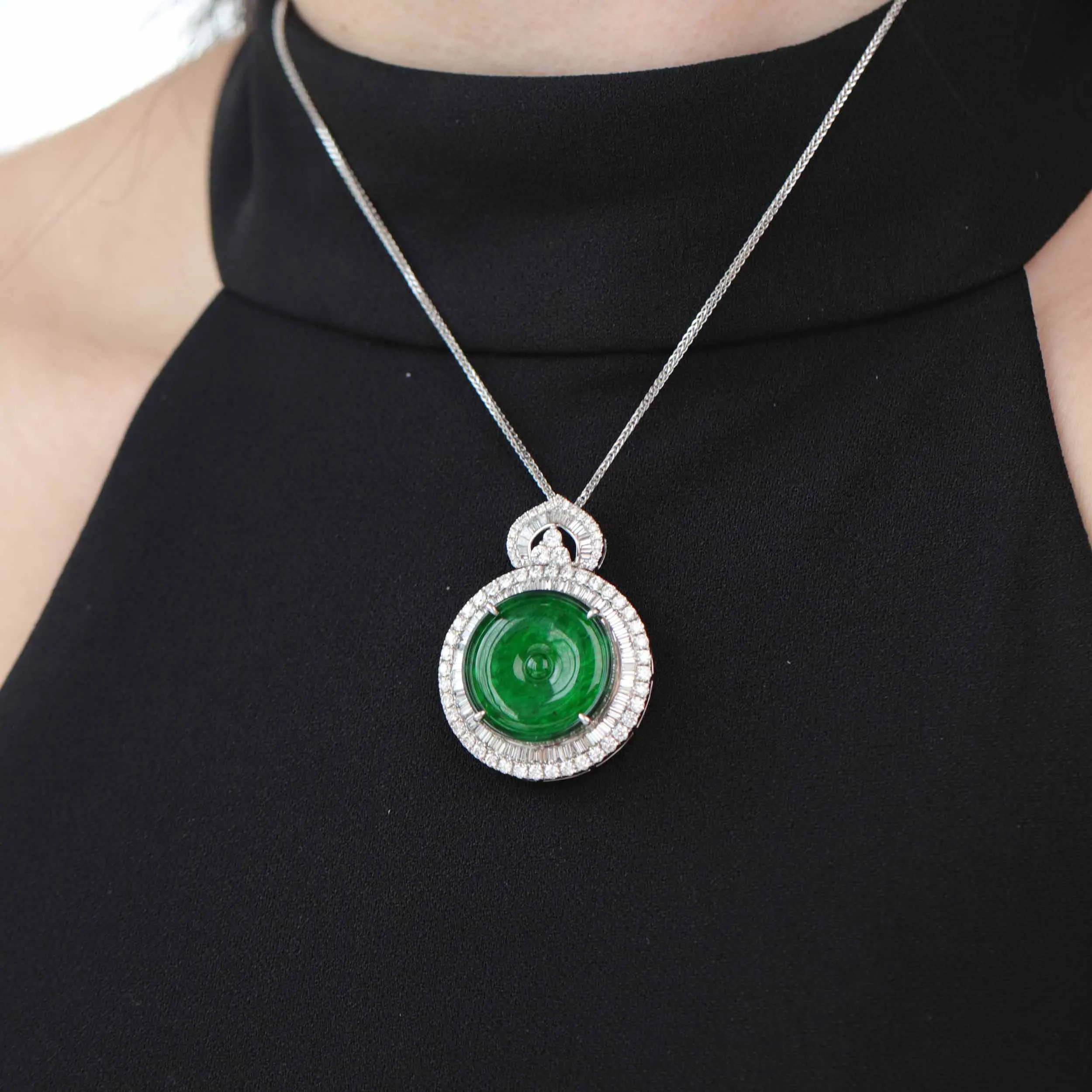 Baikalla 18K White Gold Genuine Luxury Imperial Jadeite KouKou Pendant with Diamonds