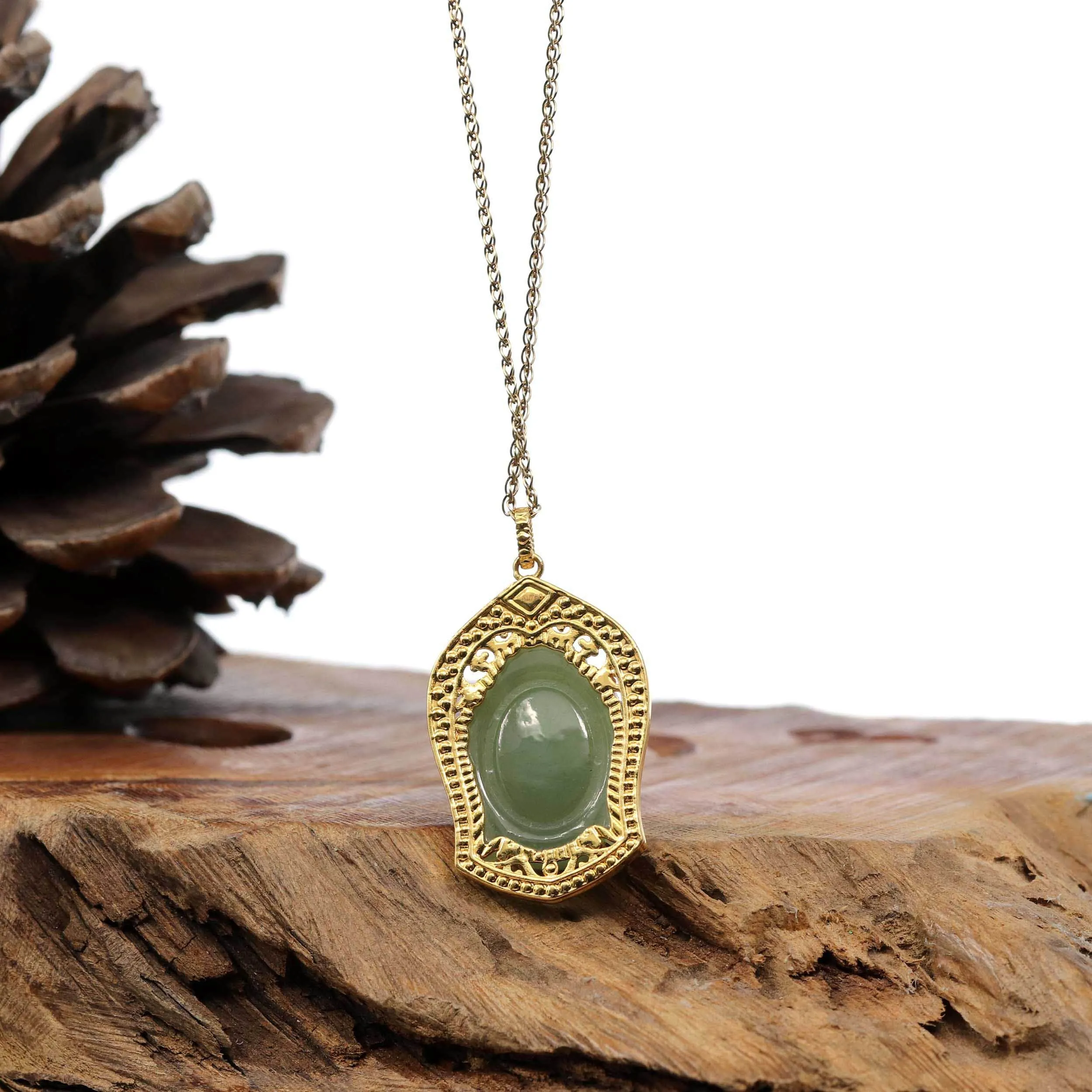 Baikalla™ 24K Yellow Gold Genuine Nephrite Green Jade GuanYin Pendant Necklace