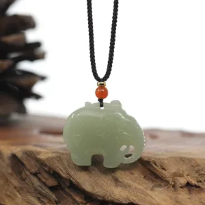 Baikalla Genuine HeTian Nephrite Jade Elephant Carving Pendant Necklace With Natural Agat Bead