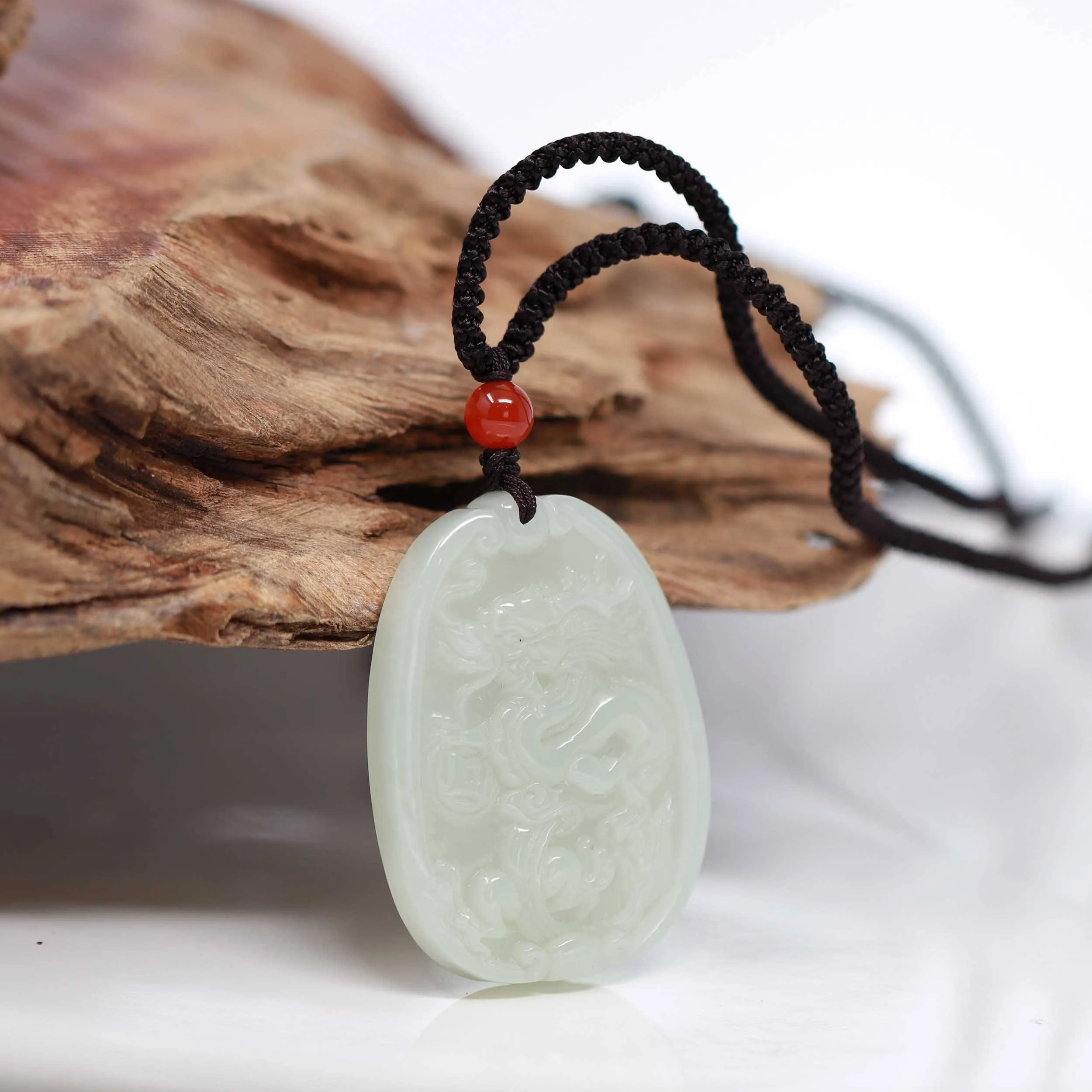 Baikalla™ Genuine HeTian White Nephrite Jade Dragon Pendant Necklace