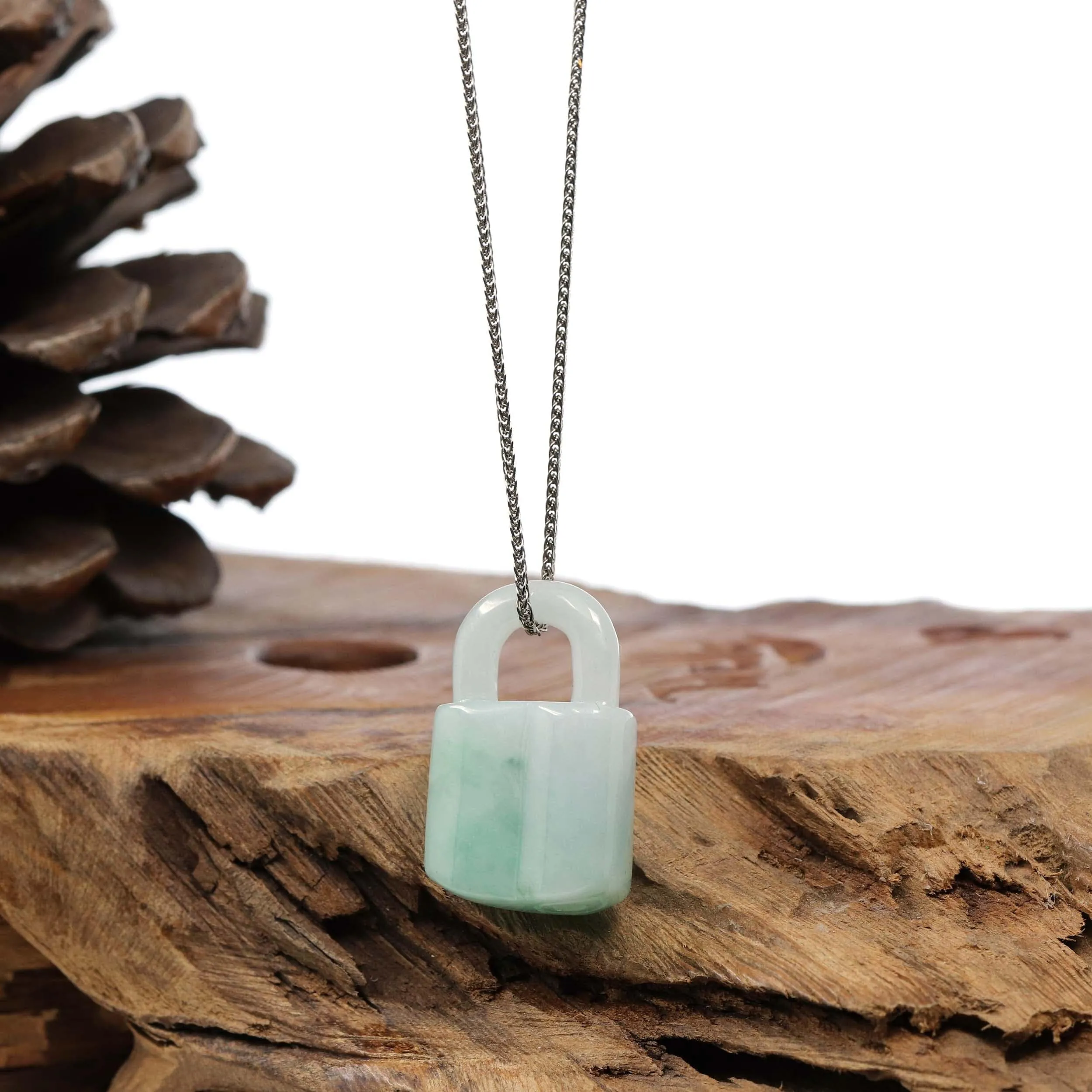 Baikalla Genuine Ice White-Green Jadeite Jade Lock Necklace Pendant