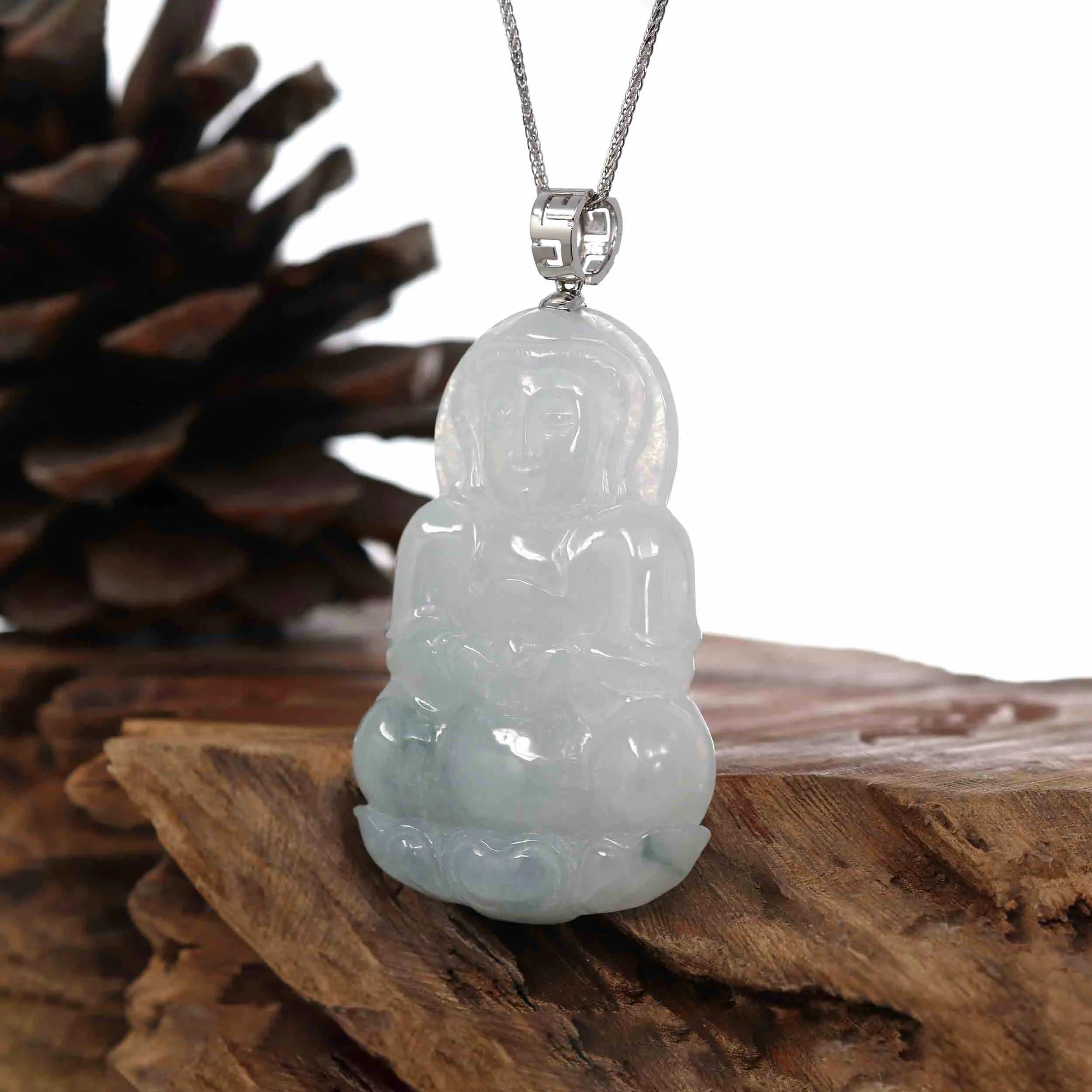 Baikalla "Goddess of Compassion" Genuine Burmese Ice Blue Jadeite Jade Guanyin Necklace With Good Luck Design 14K Gold  Bail