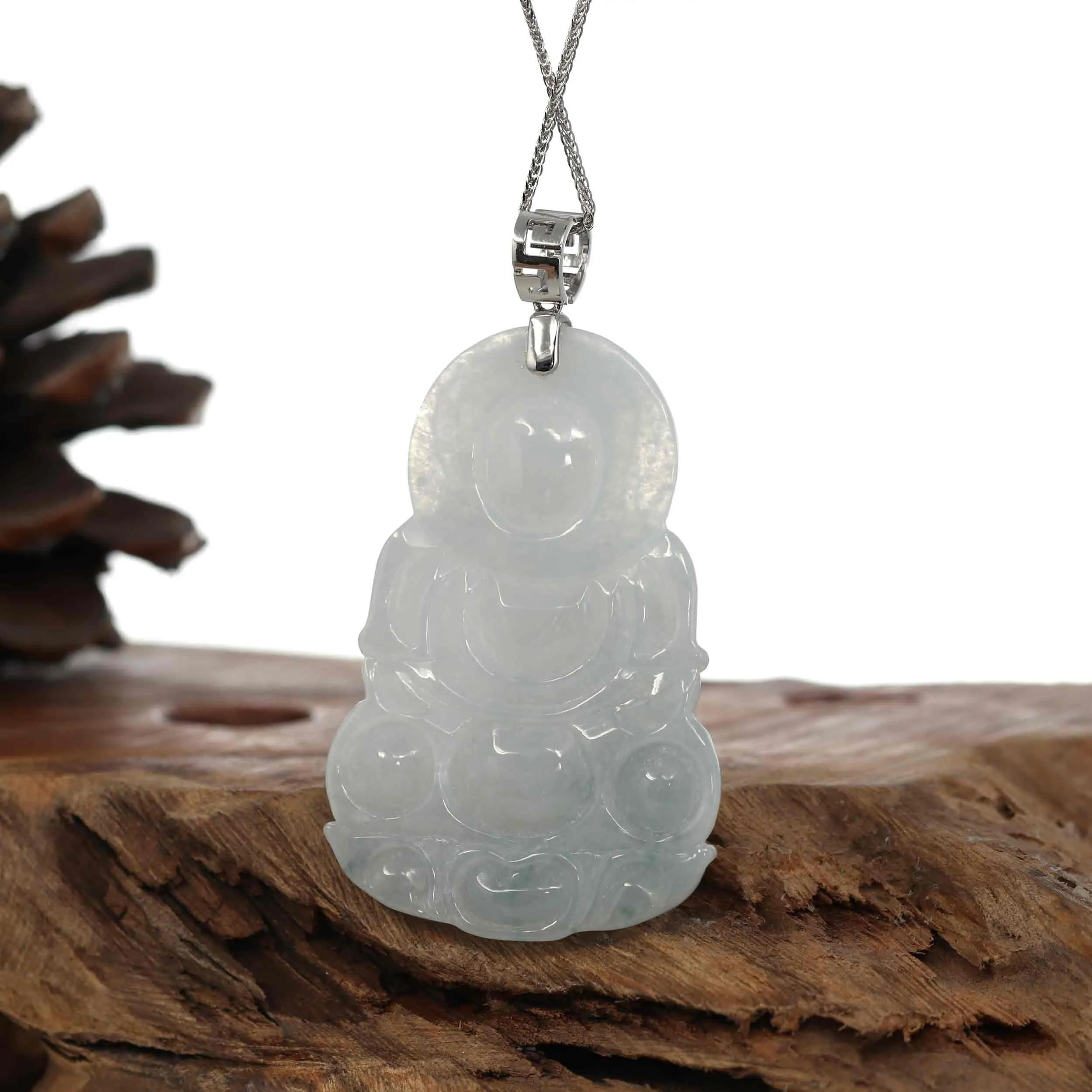 Baikalla "Goddess of Compassion" Genuine Burmese Ice Blue Jadeite Jade Guanyin Necklace With Good Luck Design 14K Gold  Bail