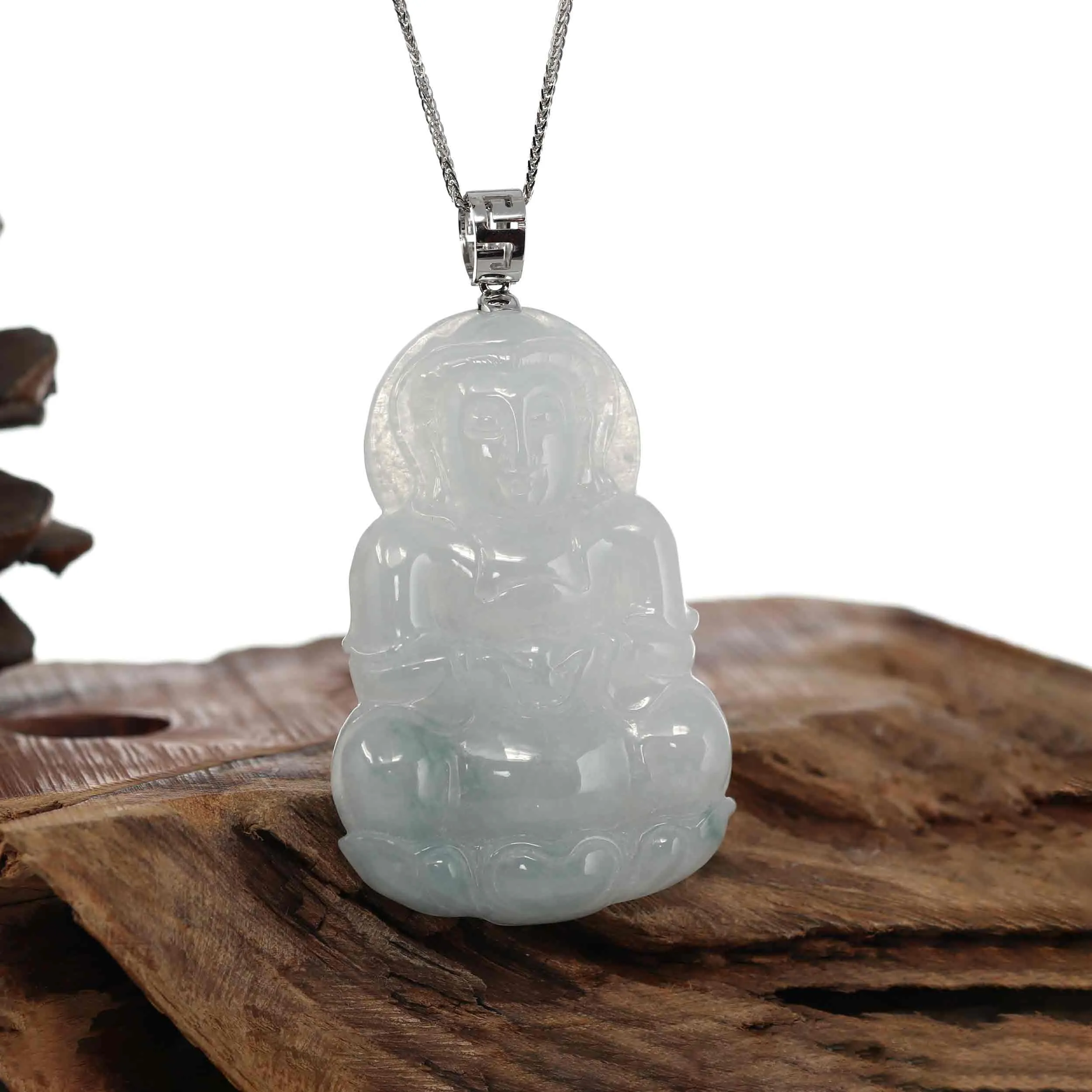 Baikalla "Goddess of Compassion" Genuine Burmese Ice Blue Jadeite Jade Guanyin Necklace With Good Luck Design 14K Gold  Bail