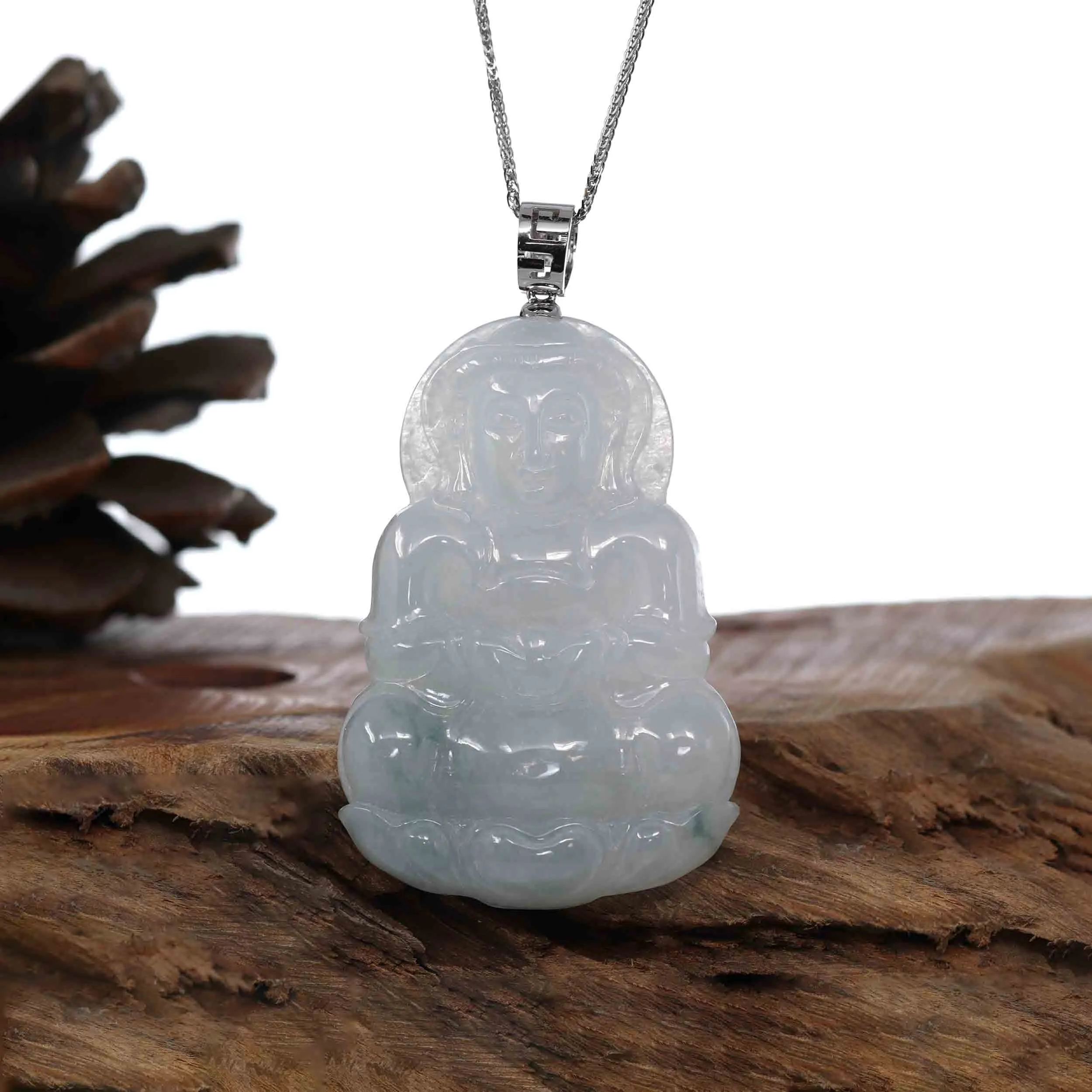 Baikalla "Goddess of Compassion" Genuine Burmese Ice Blue Jadeite Jade Guanyin Necklace With Good Luck Design 14K Gold  Bail