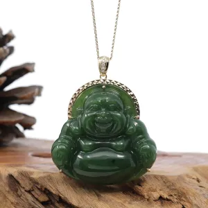 Baikalla™ "Laughing Buddha" Large 14k Yellow Gold Genuine Nephrite Green Jade Buddha Pendant