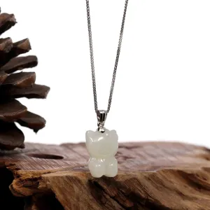 Baikalla "Lucky Kitten" White Nephrite Jade Pendant Necklace With Silver Bail