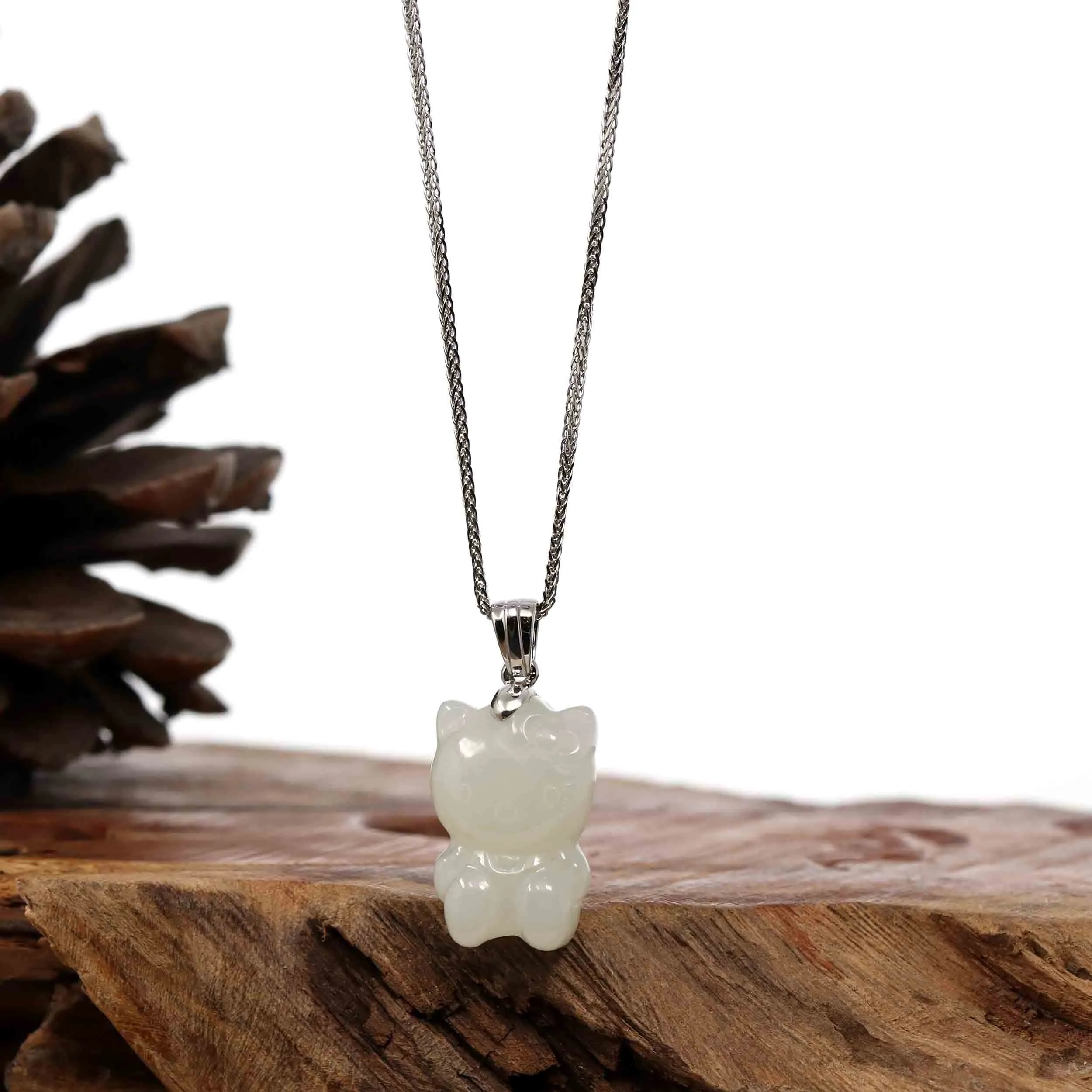 Baikalla "Lucky Kitten" White Nephrite Jade Pendant Necklace With Silver Bail