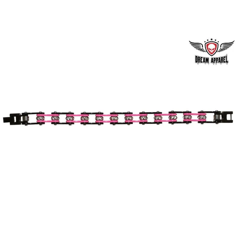 Black and Pink Motorcycle Chain Bracelet with Gemstones