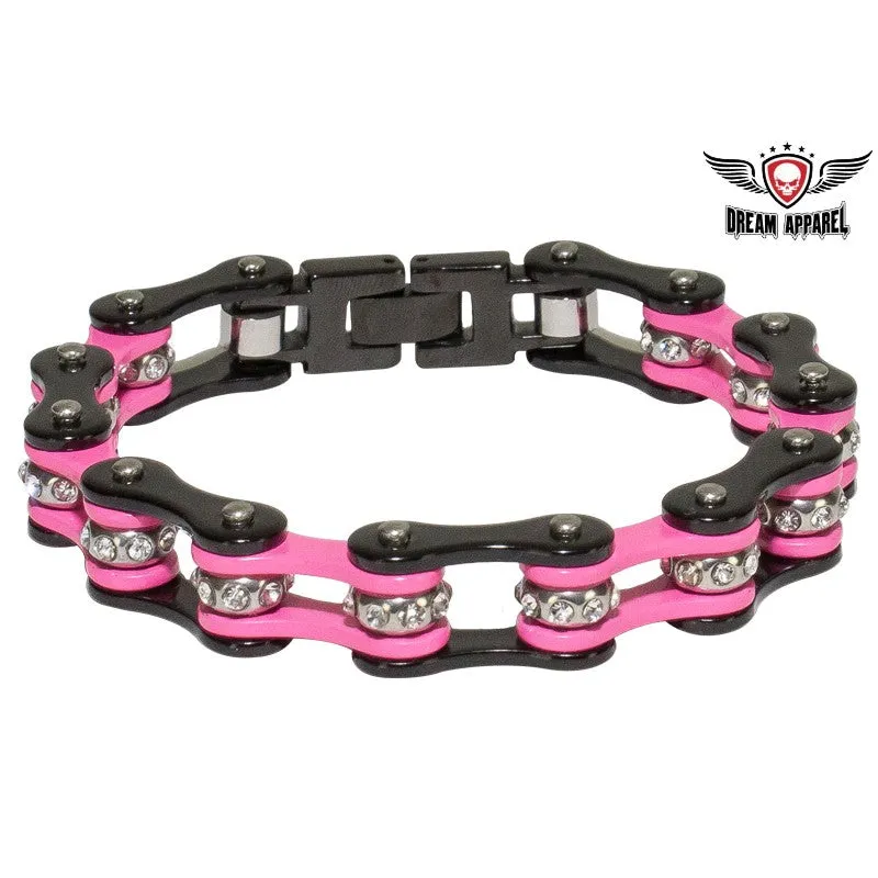 Black and Pink Motorcycle Chain Bracelet with Gemstones