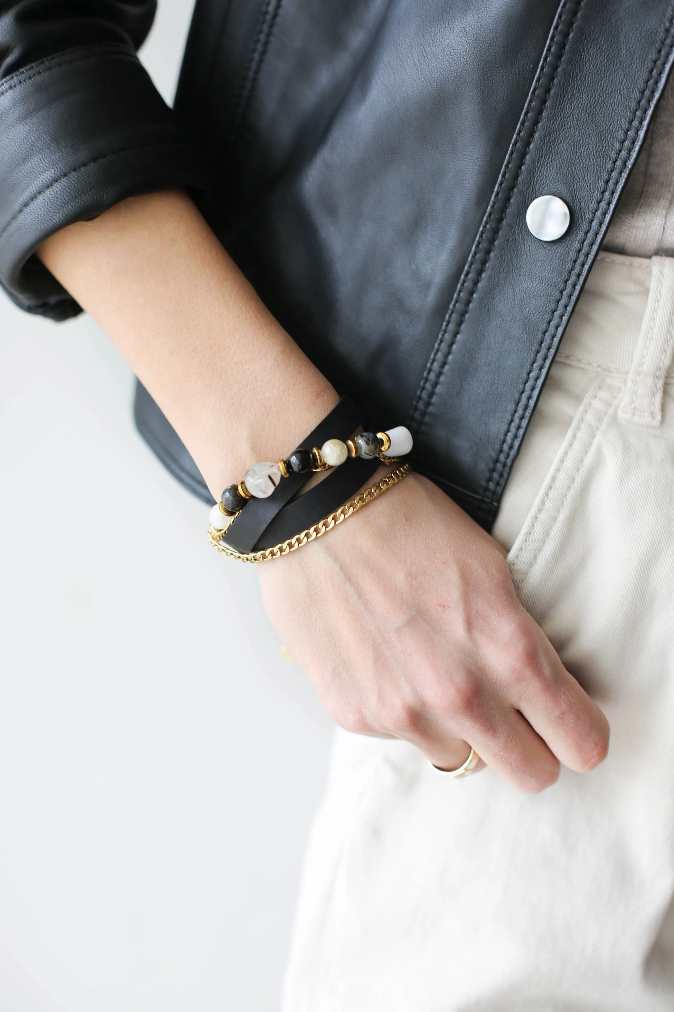 Black Quartz Leather Bracelet