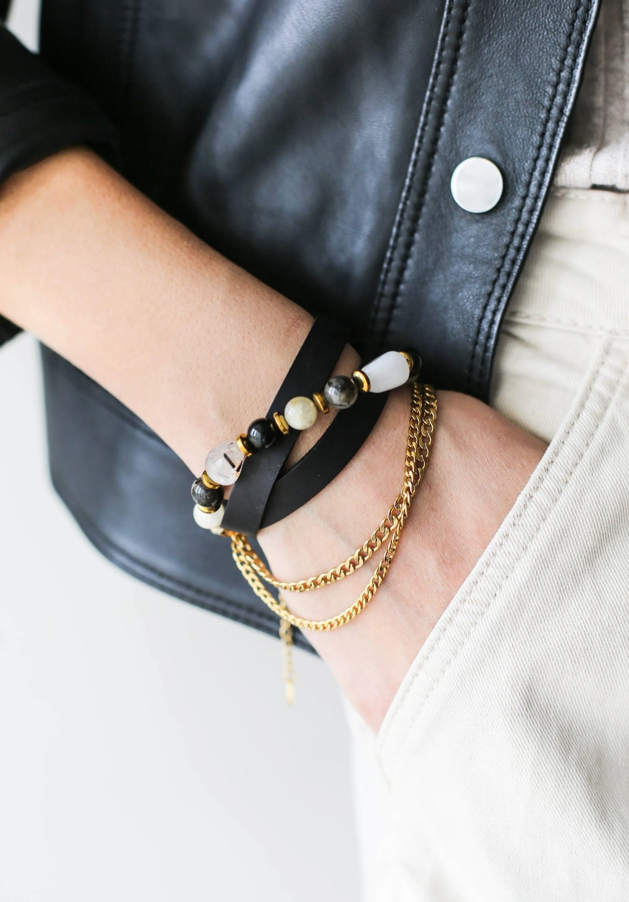 Black Quartz Leather Bracelet