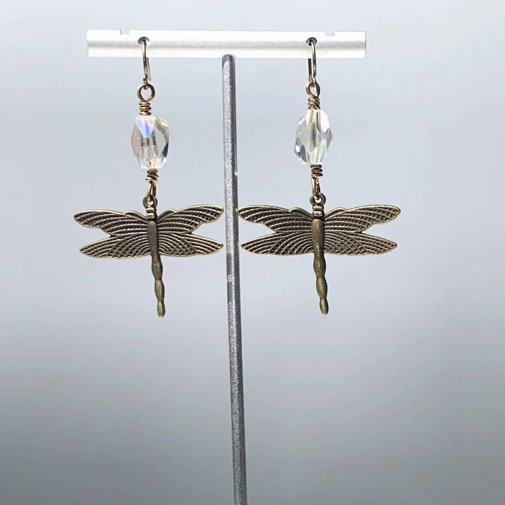 Brass Dragonfly and Quartz gemstone Dangle Earrings