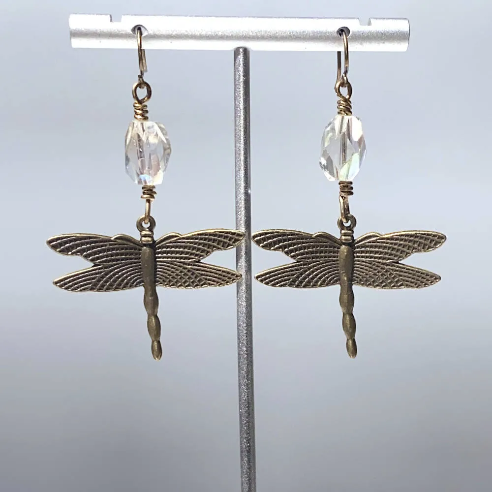 Brass Dragonfly and Quartz gemstone Dangle Earrings