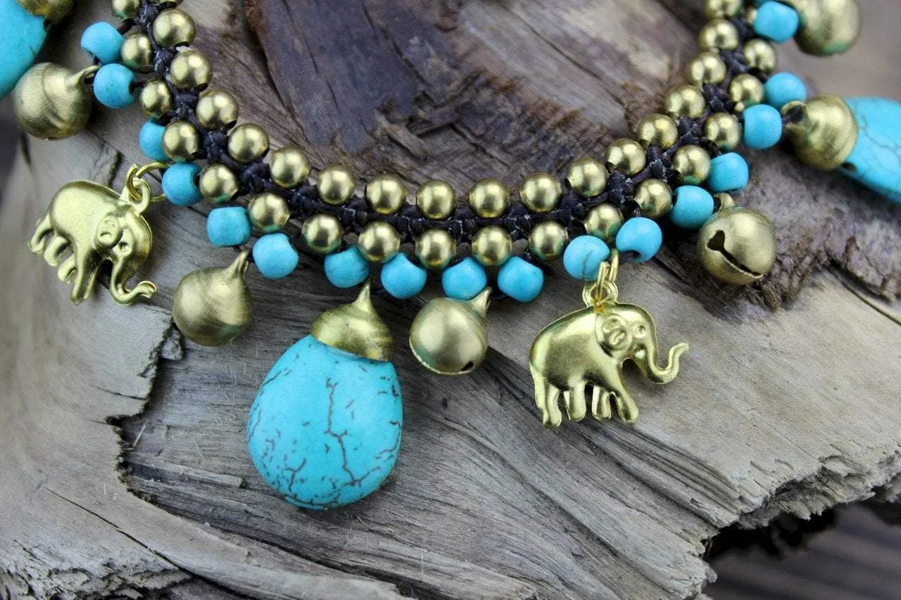 Brass Elephant and Turquoise Beaded Bracelet