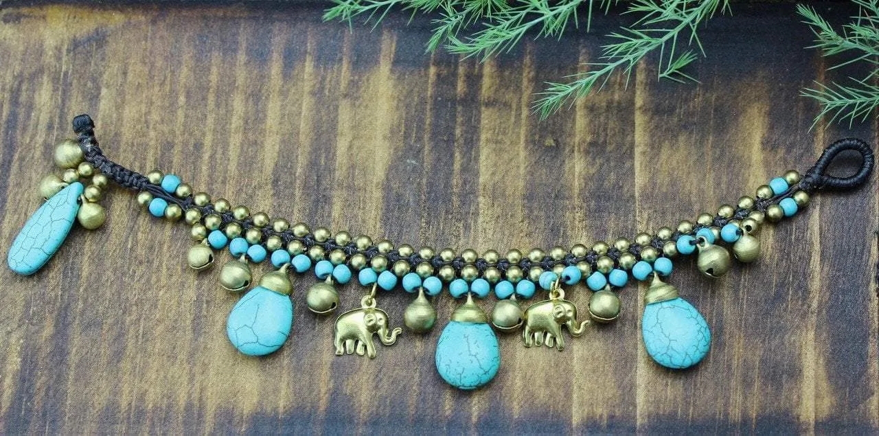 Brass Elephant and Turquoise Beaded Bracelet