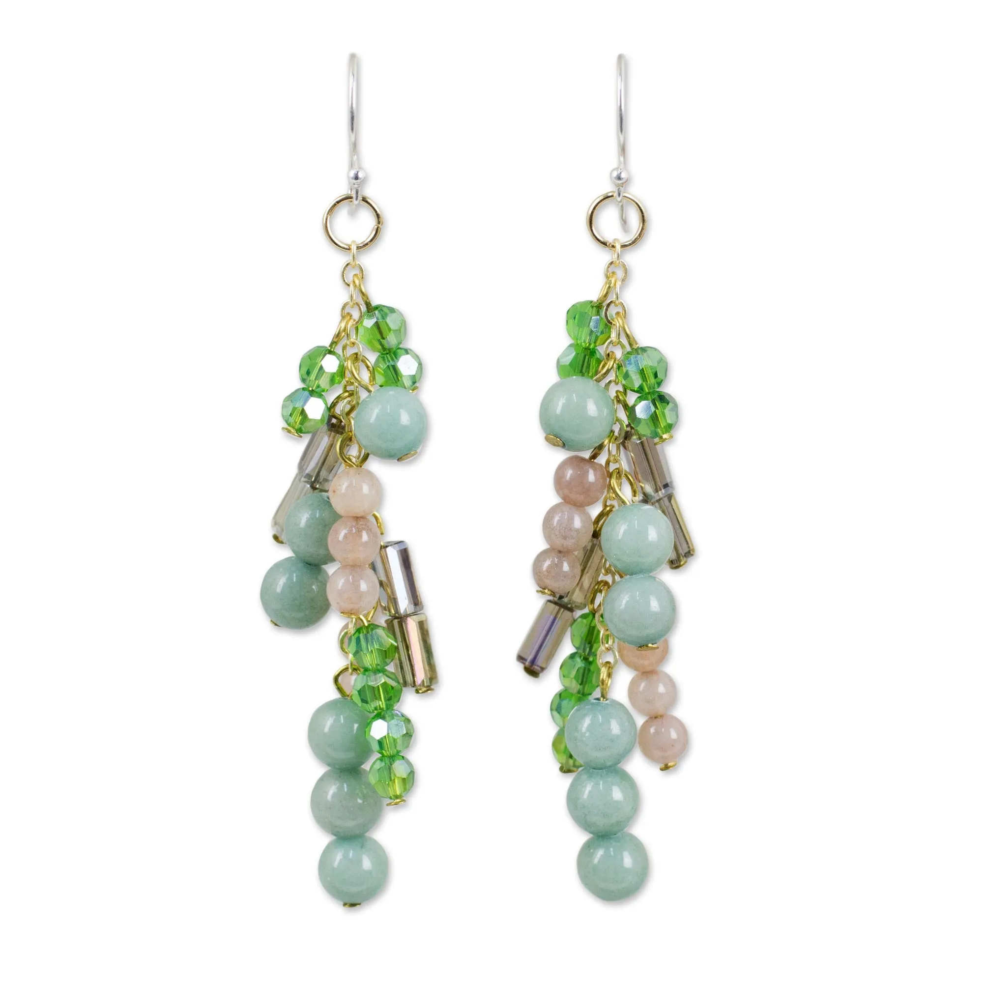 Brilliant Cascade Quartz and Glass Bead Waterfall Earrings in Green Shades