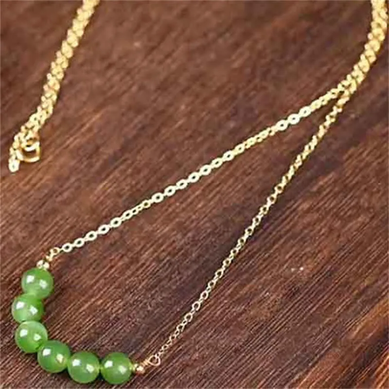 Buddha Stones 14k Gold Plated Hetian Cyan Jade Beaded Luck Necklace Pendant