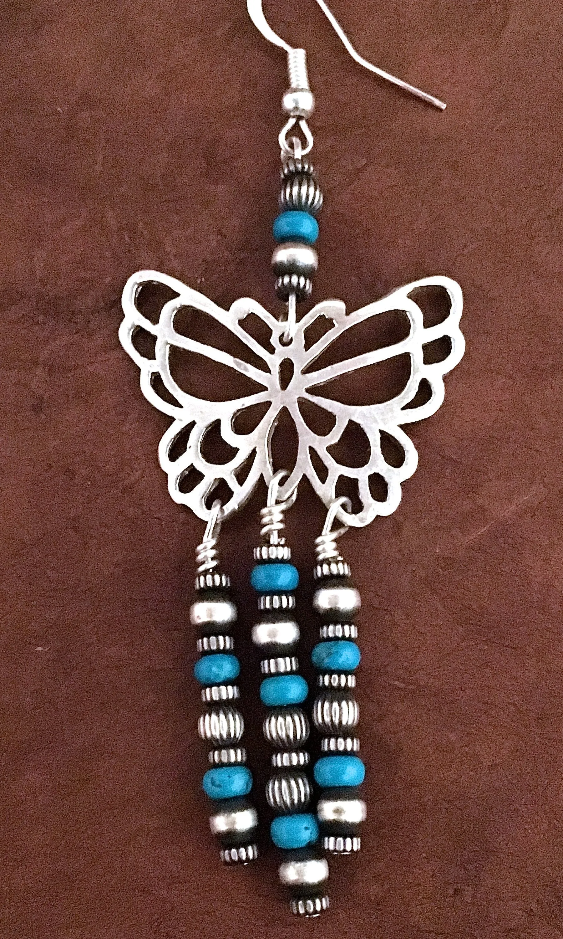 BUTTERFLY EFFECT Butterfly Silver & Turquoise Bead Fringe Earrings