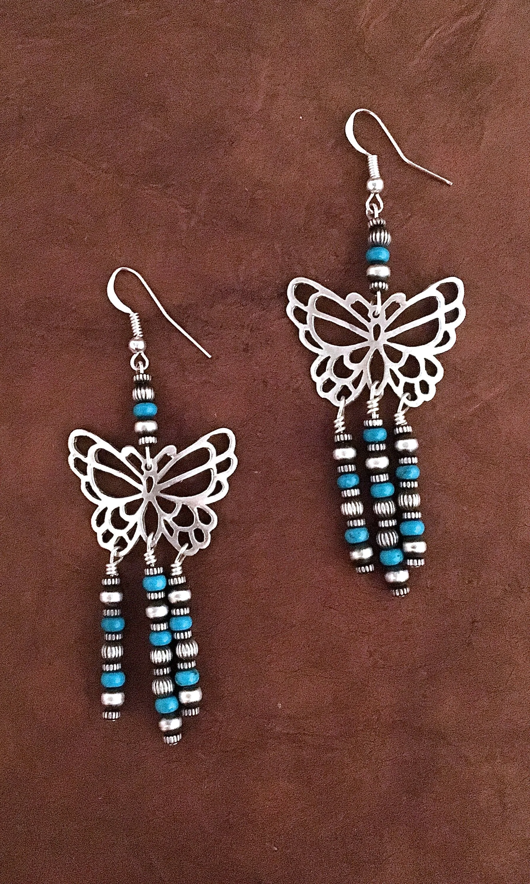 BUTTERFLY EFFECT Butterfly Silver & Turquoise Bead Fringe Earrings