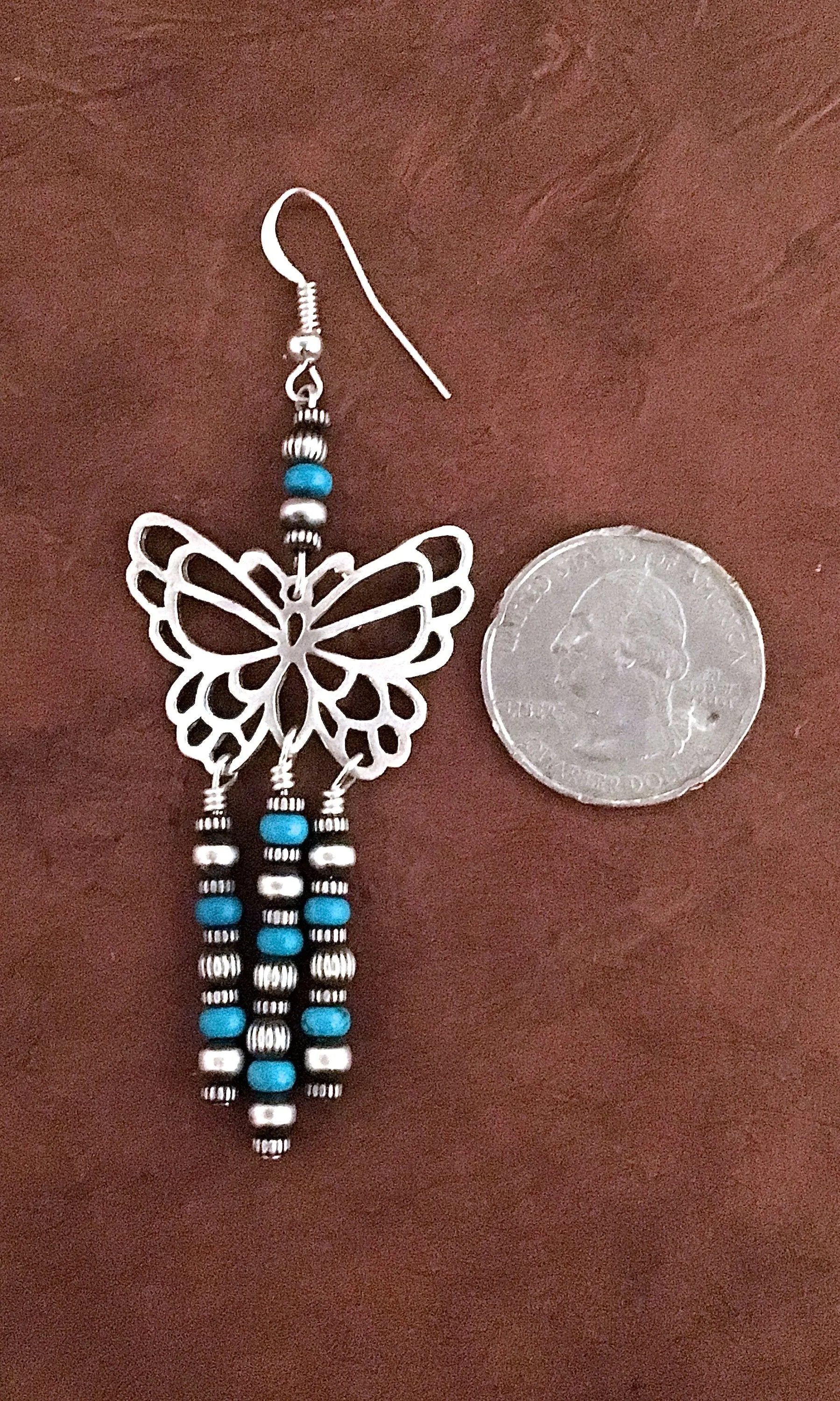 BUTTERFLY EFFECT Butterfly Silver & Turquoise Bead Fringe Earrings