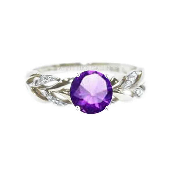 CELTIC PLEAT RING WITH PAVE DIAMONDS AND AMETHYST