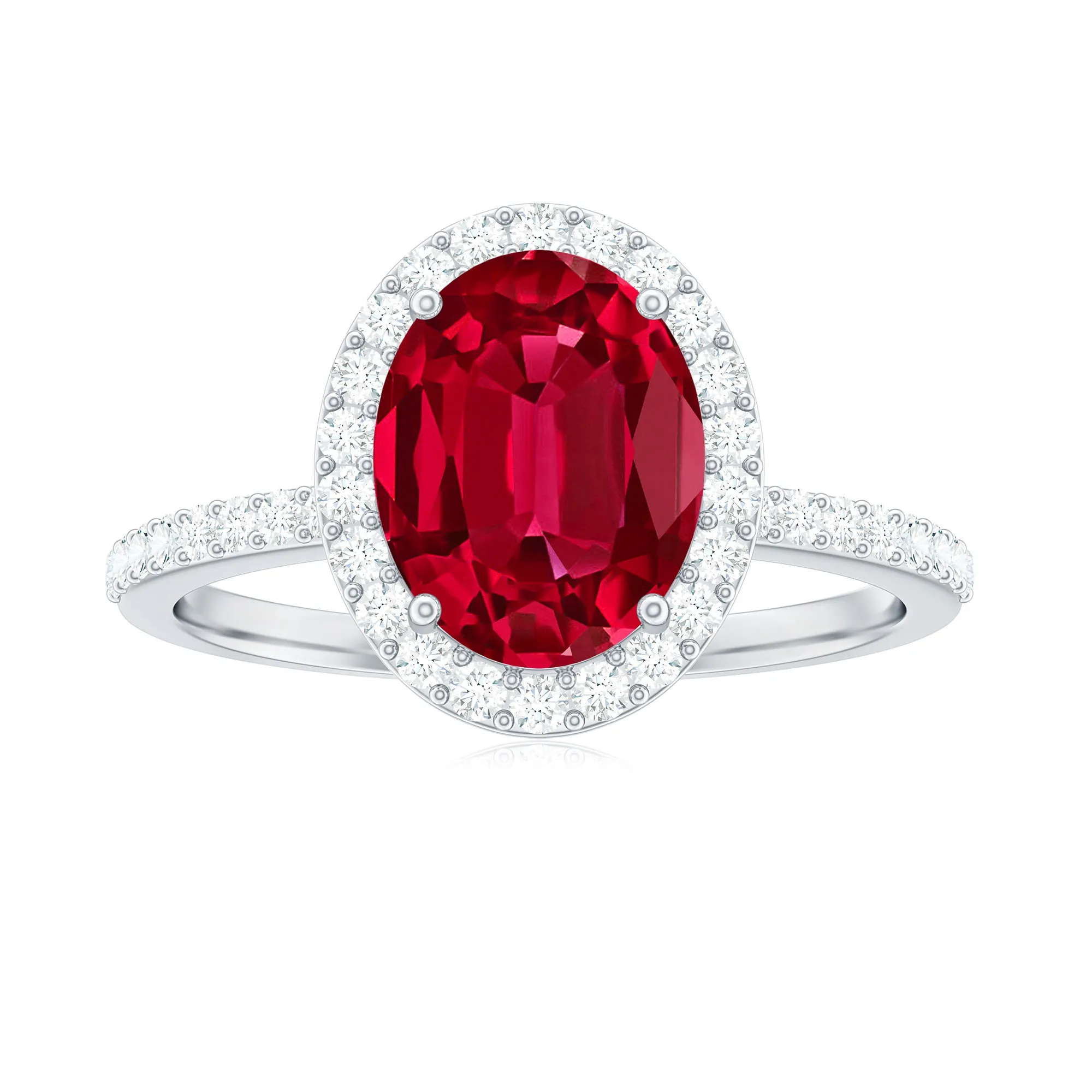 Certified Lab Grown Ruby Oval Engagement Ring With Moissanite Halo