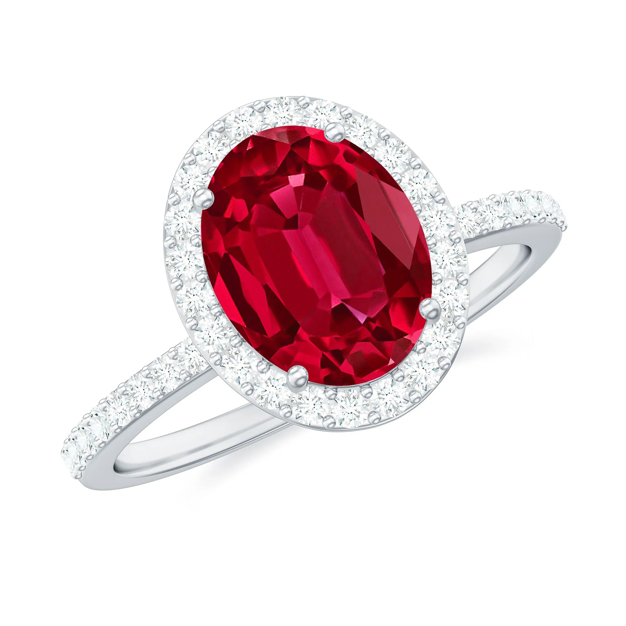 Certified Lab Grown Ruby Oval Engagement Ring With Moissanite Halo