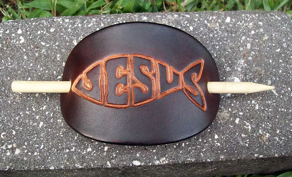 Christian Fish Jesus Leather Stick Barrettes